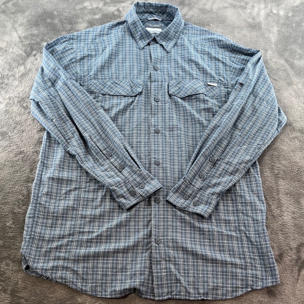 Columbia Omni-Shade Plaid Fishing Shirt Mens XL Blue Long Sleeve Vented Hiking